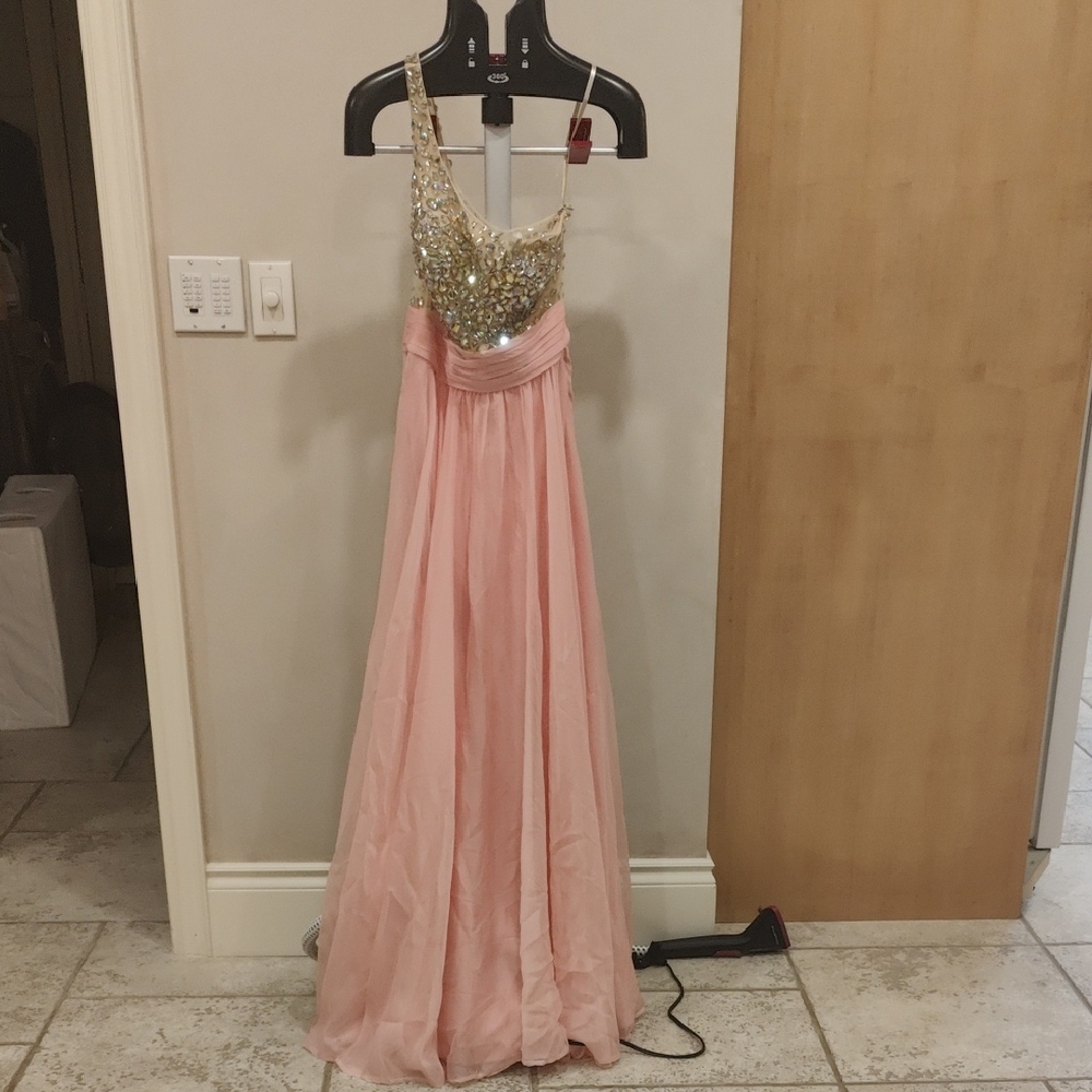 La Femme Pink and Gold Prom Dress